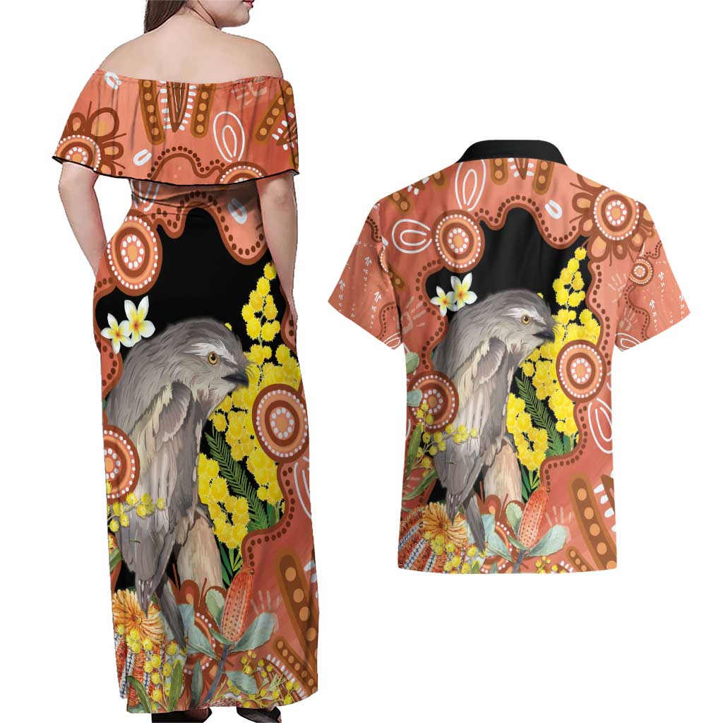 Australia Tawny Frogmouth Couples Matching Off Shoulder Maxi Dress and Hawaiian Shirt Golden Wattle Banksia Aboriginal Art - Aussie Hoodie