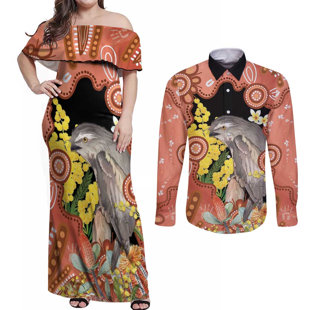 Australia Tawny Frogmouth Couples Matching Off Shoulder Maxi Dress and Long Sleeve Button Shirt Golden Wattle Banksia Aboriginal Art - Aussie Hoodie