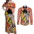 Australia Tawny Frogmouth Couples Matching Off Shoulder Maxi Dress and Long Sleeve Button Shirt Golden Wattle Banksia Aboriginal Art - Aussie Hoodie