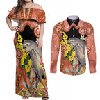 Australia Tawny Frogmouth Couples Matching Off Shoulder Maxi Dress and Long Sleeve Button Shirt Golden Wattle Banksia Aboriginal Art - Aussie Hoodie