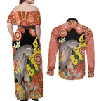 Australia Tawny Frogmouth Couples Matching Off Shoulder Maxi Dress and Long Sleeve Button Shirt Golden Wattle Banksia Aboriginal Art - Aussie Hoodie