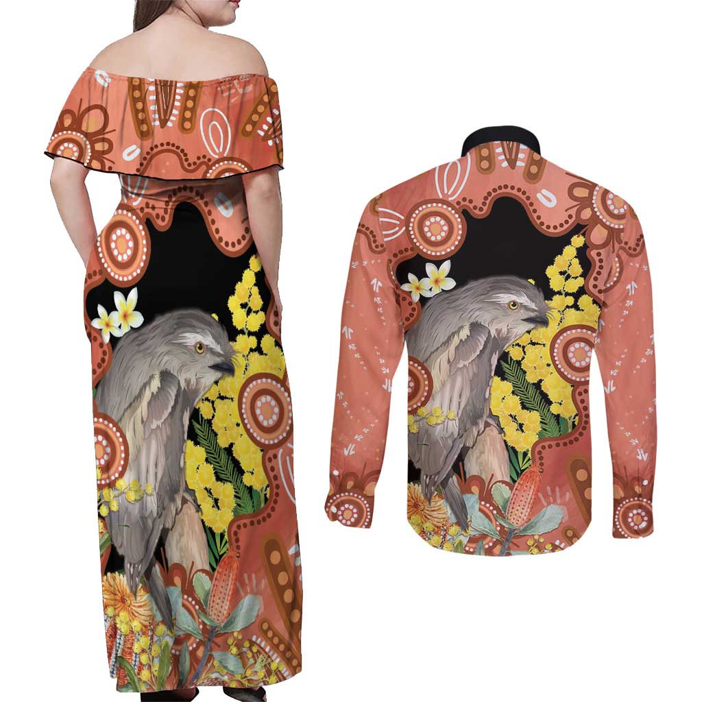Australia Tawny Frogmouth Couples Matching Off Shoulder Maxi Dress and Long Sleeve Button Shirt Golden Wattle Banksia Aboriginal Art - Aussie Hoodie