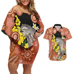 Australia Tawny Frogmouth Couples Matching Off Shoulder Short Dress and Hawaiian Shirt Golden Wattle Banksia Aboriginal Art - Aussie Hoodie