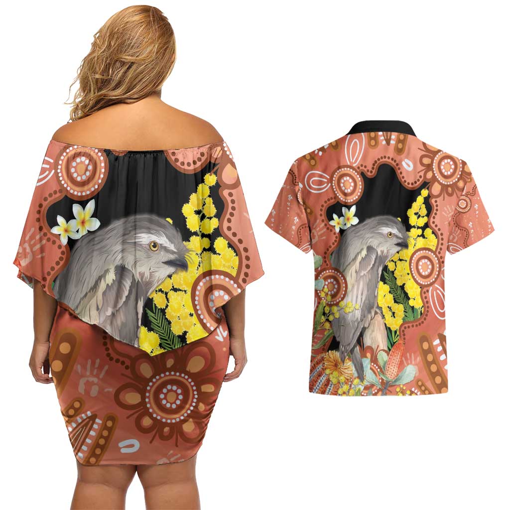 Australia Tawny Frogmouth Couples Matching Off Shoulder Short Dress and Hawaiian Shirt Golden Wattle Banksia Aboriginal Art - Aussie Hoodie