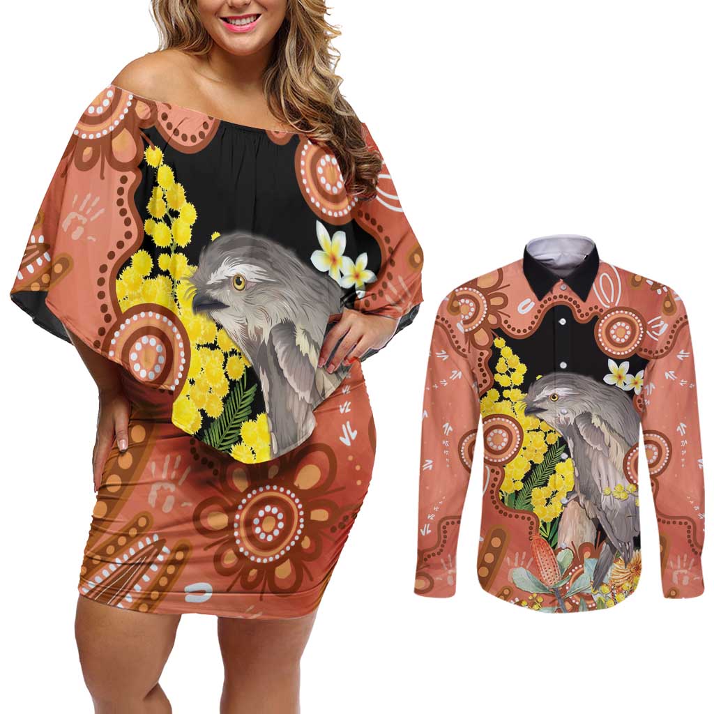 Australia Tawny Frogmouth Couples Matching Off Shoulder Short Dress and Long Sleeve Button Shirt Golden Wattle Banksia Aboriginal Art - Aussie Hoodie