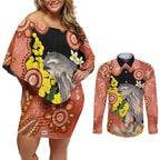 Australia Tawny Frogmouth Couples Matching Off Shoulder Short Dress and Long Sleeve Button Shirt Golden Wattle Banksia Aboriginal Art - Aussie Hoodie
