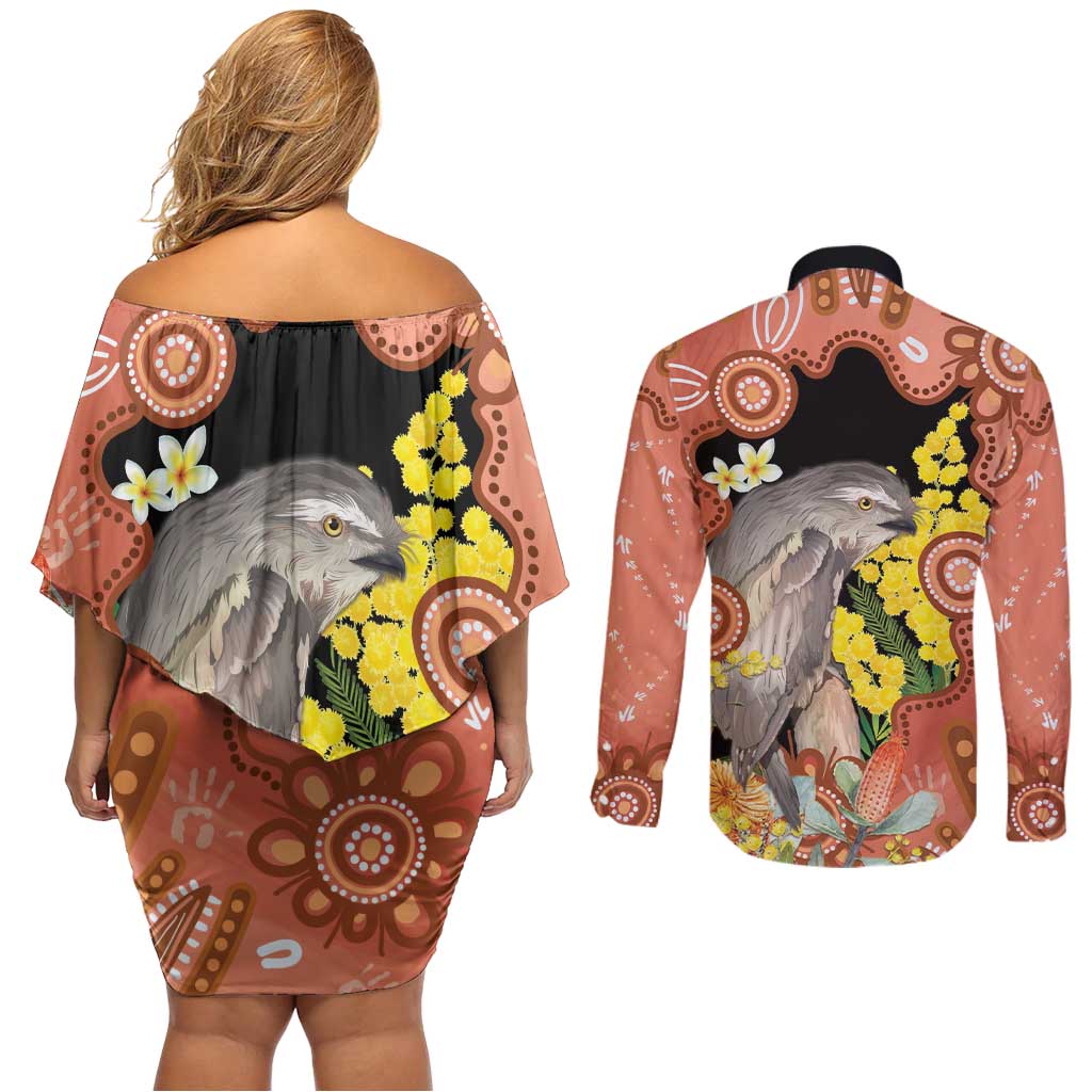 Australia Tawny Frogmouth Couples Matching Off Shoulder Short Dress and Long Sleeve Button Shirt Golden Wattle Banksia Aboriginal Art - Aussie Hoodie