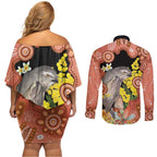 Australia Tawny Frogmouth Couples Matching Off Shoulder Short Dress and Long Sleeve Button Shirt Golden Wattle Banksia Aboriginal Art - Aussie Hoodie