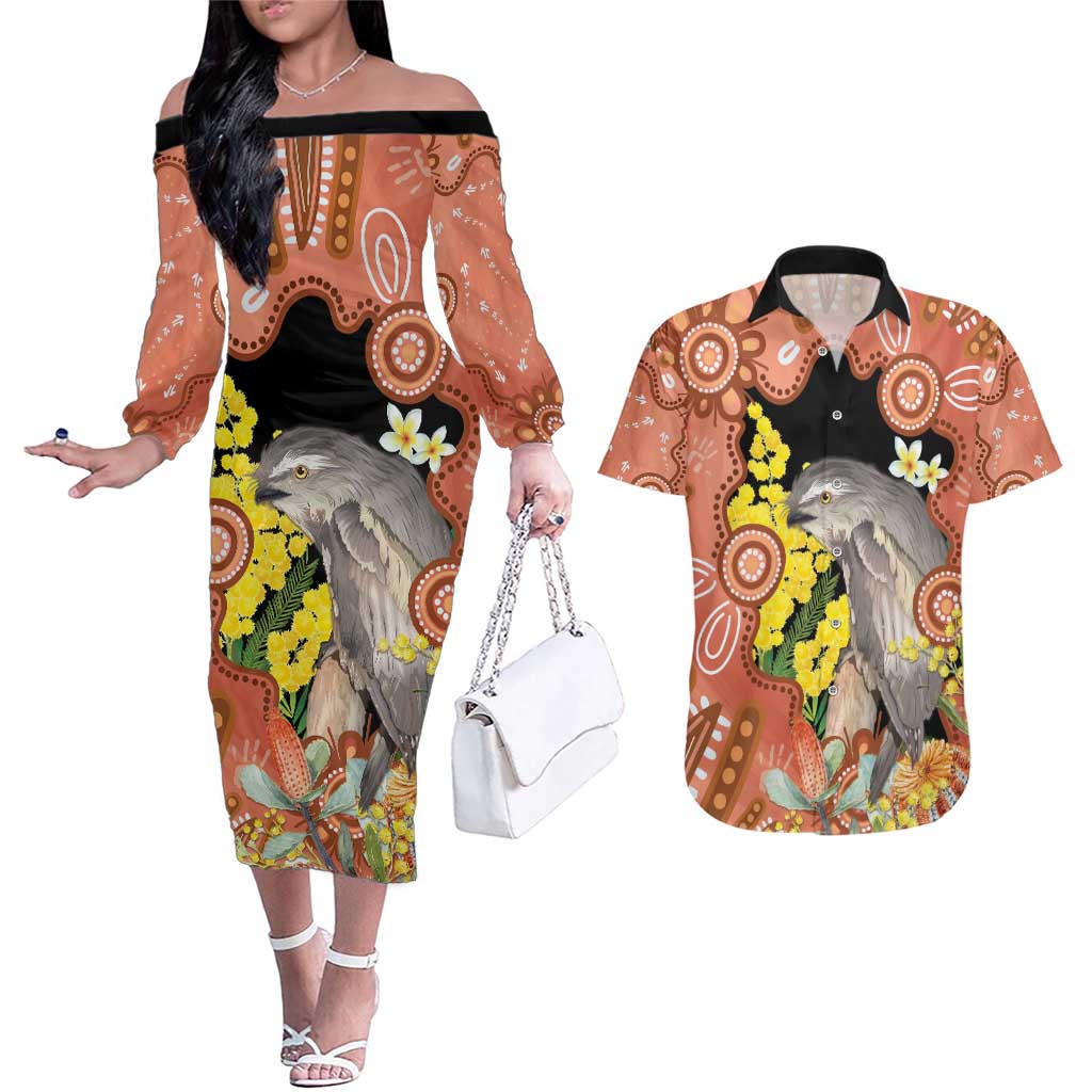 Australia Tawny Frogmouth Couples Matching Off The Shoulder Long Sleeve Dress and Hawaiian Shirt Golden Wattle Banksia Aboriginal Art - Aussie Hoodie