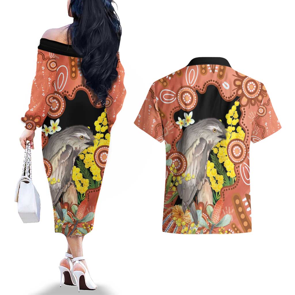 Australia Tawny Frogmouth Couples Matching Off The Shoulder Long Sleeve Dress and Hawaiian Shirt Golden Wattle Banksia Aboriginal Art - Aussie Hoodie