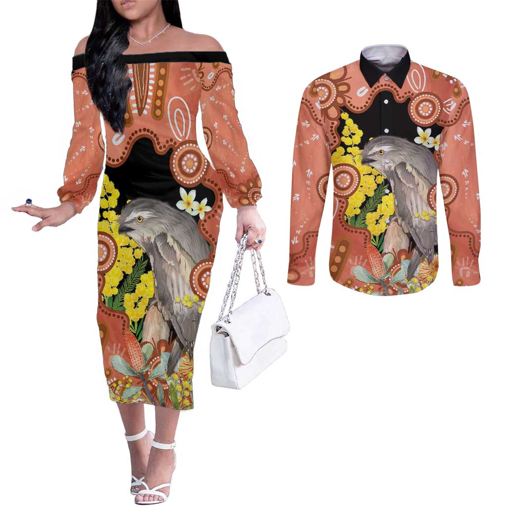 Australia Tawny Frogmouth Couples Matching Off The Shoulder Long Sleeve Dress and Long Sleeve Button Shirt Golden Wattle Banksia Aboriginal Art - Aussie Hoodie