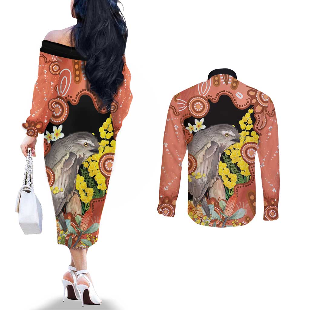 Australia Tawny Frogmouth Couples Matching Off The Shoulder Long Sleeve Dress and Long Sleeve Button Shirt Golden Wattle Banksia Aboriginal Art - Aussie Hoodie