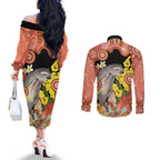 Australia Tawny Frogmouth Couples Matching Off The Shoulder Long Sleeve Dress and Long Sleeve Button Shirt Golden Wattle Banksia Aboriginal Art - Aussie Hoodie