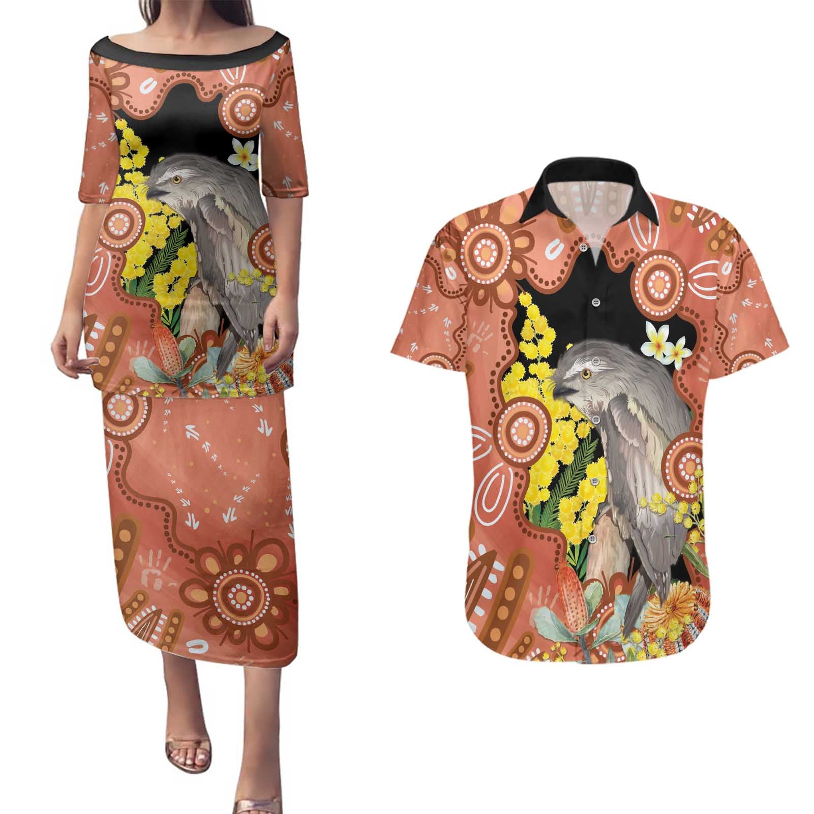 Australia Tawny Frogmouth Couples Matching Puletasi and Hawaiian Shirt Golden Wattle Banksia Aboriginal Art - Aussie Hoodie