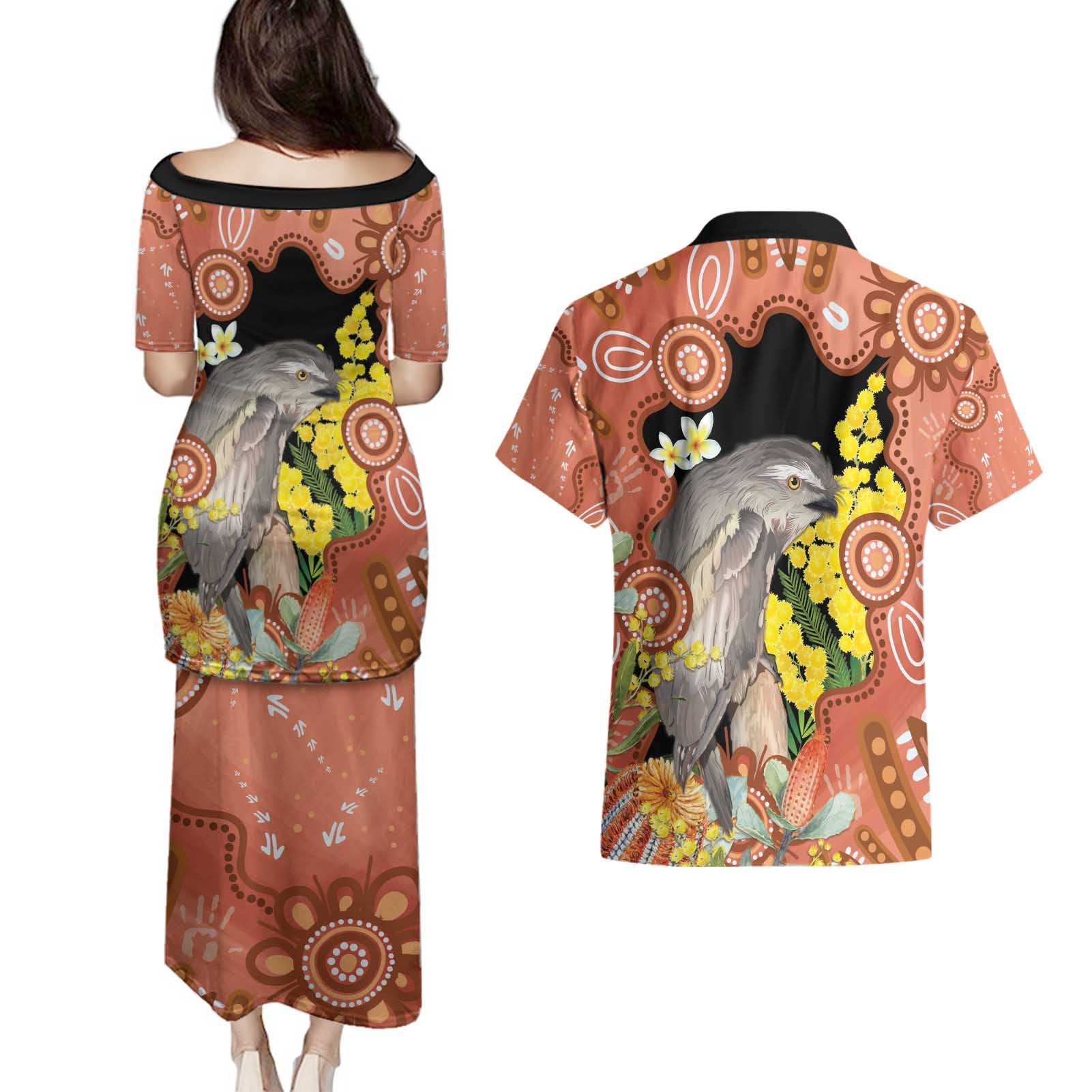 Australia Tawny Frogmouth Couples Matching Puletasi and Hawaiian Shirt Golden Wattle Banksia Aboriginal Art - Aussie Hoodie