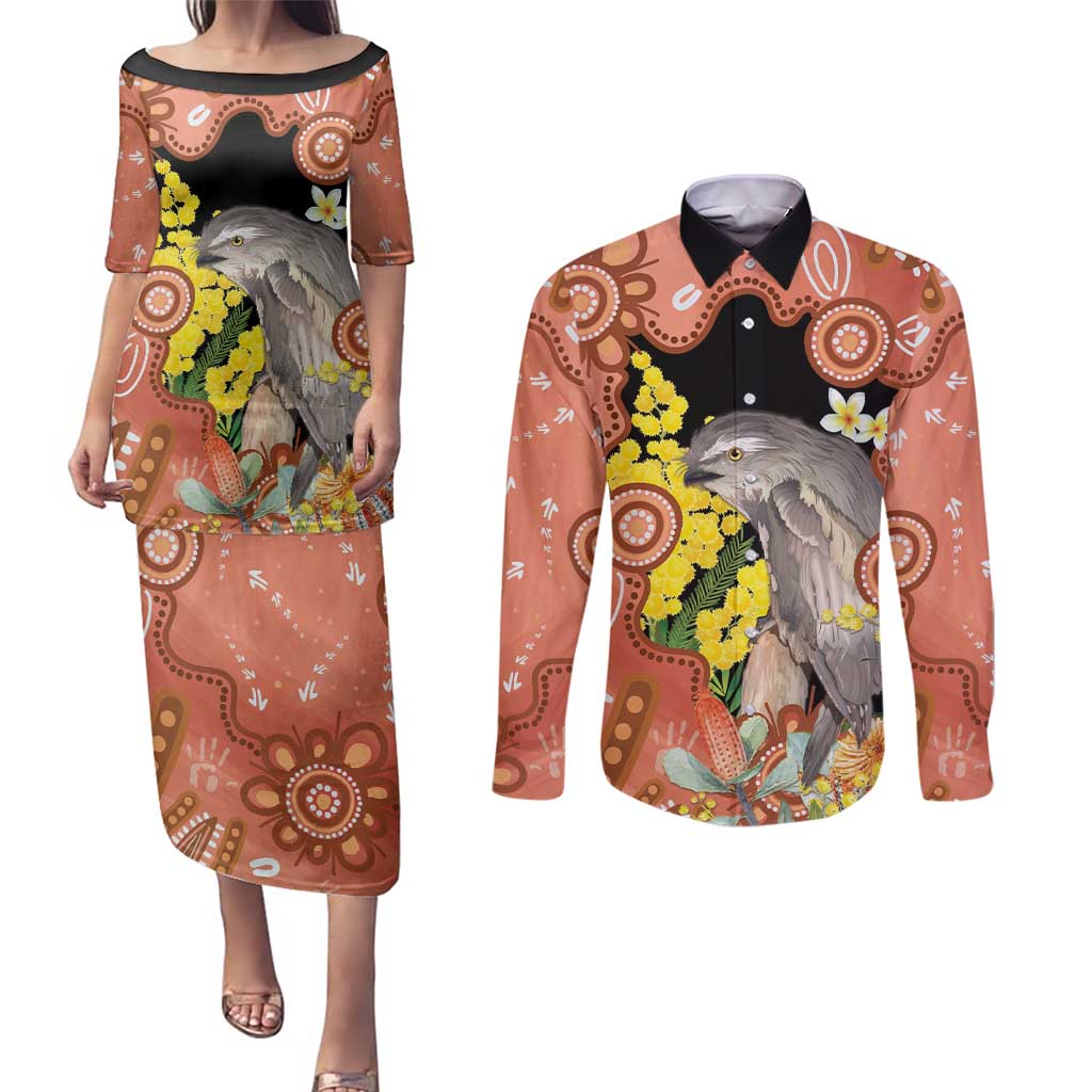 Australia Tawny Frogmouth Couples Matching Puletasi and Long Sleeve Button Shirt Golden Wattle Banksia Aboriginal Art - Aussie Hoodie