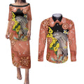 Australia Tawny Frogmouth Couples Matching Puletasi and Long Sleeve Button Shirt Golden Wattle Banksia Aboriginal Art - Aussie Hoodie