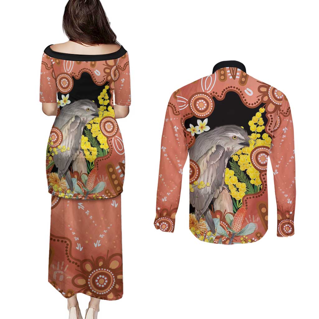 Australia Tawny Frogmouth Couples Matching Puletasi and Long Sleeve Button Shirt Golden Wattle Banksia Aboriginal Art - Aussie Hoodie