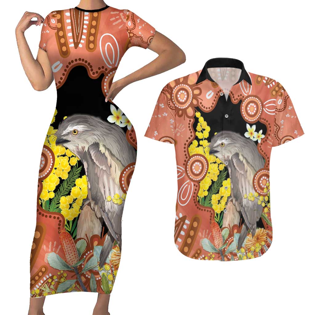 Australia Tawny Frogmouth Couples Matching Short Sleeve Bodycon Dress and Hawaiian Shirt Golden Wattle Banksia Aboriginal Art - Aussie Hoodie