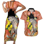 Australia Tawny Frogmouth Couples Matching Short Sleeve Bodycon Dress and Hawaiian Shirt Golden Wattle Banksia Aboriginal Art - Aussie Hoodie
