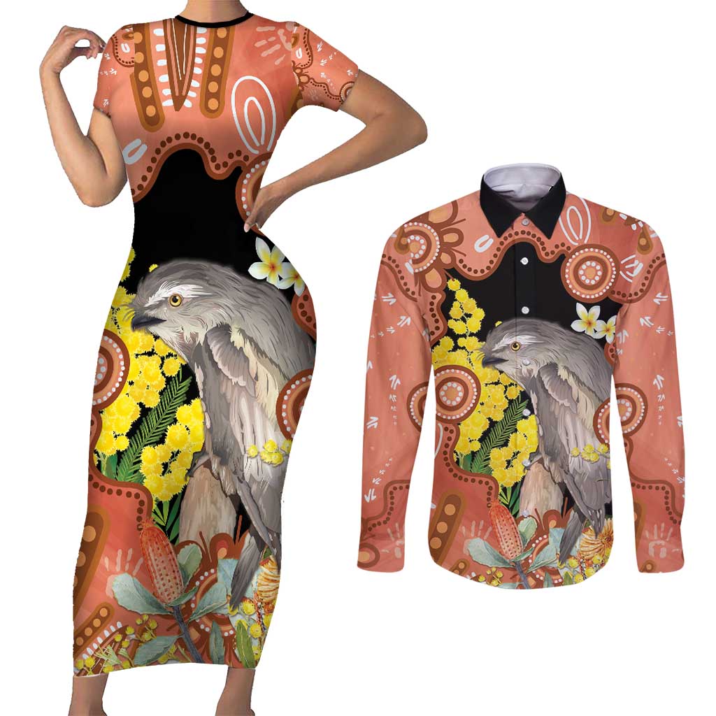 Australia Tawny Frogmouth Couples Matching Short Sleeve Bodycon Dress and Long Sleeve Button Shirt Golden Wattle Banksia Aboriginal Art - Aussie Hoodie