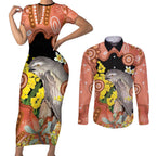 Australia Tawny Frogmouth Couples Matching Short Sleeve Bodycon Dress and Long Sleeve Button Shirt Golden Wattle Banksia Aboriginal Art - Aussie Hoodie