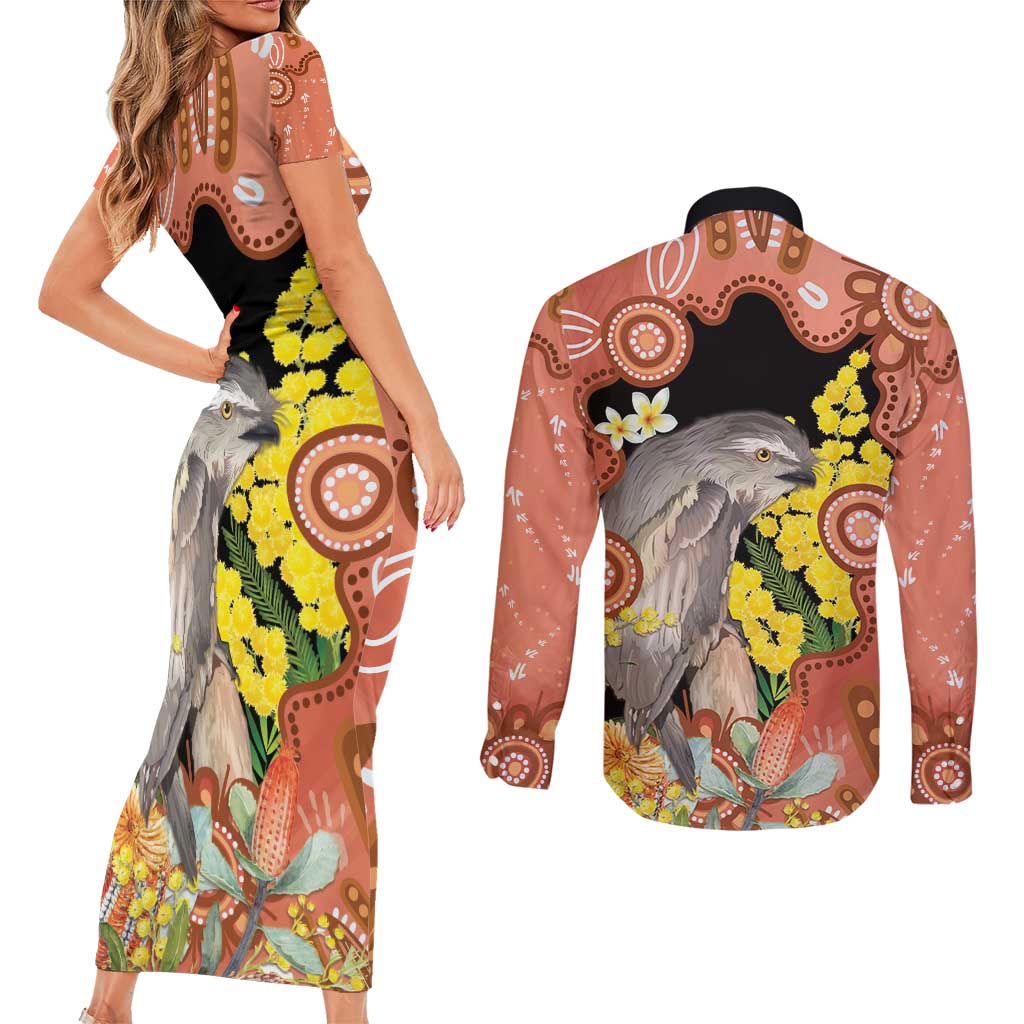 Australia Tawny Frogmouth Couples Matching Short Sleeve Bodycon Dress and Long Sleeve Button Shirt Golden Wattle Banksia Aboriginal Art - Aussie Hoodie