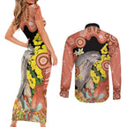 Australia Tawny Frogmouth Couples Matching Short Sleeve Bodycon Dress and Long Sleeve Button Shirt Golden Wattle Banksia Aboriginal Art - Aussie Hoodie