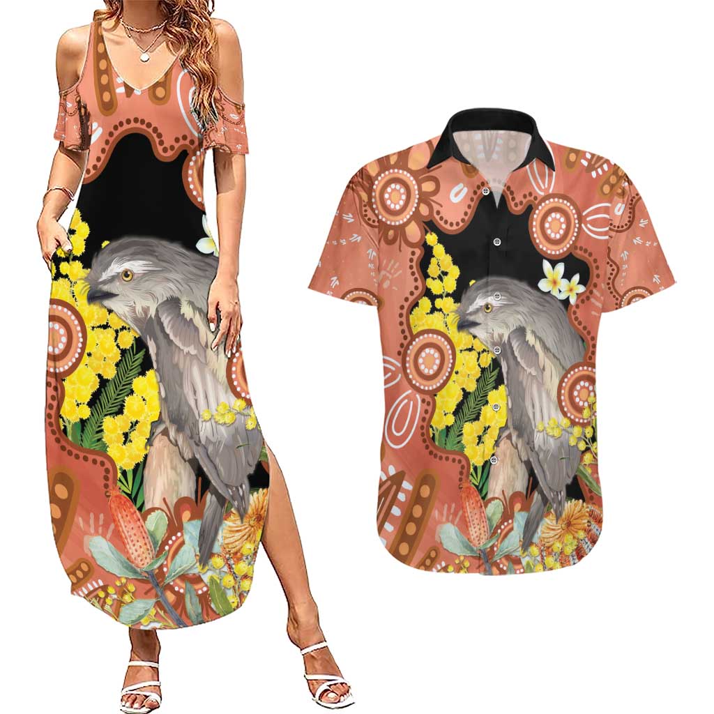 Australia Tawny Frogmouth Couples Matching Summer Maxi Dress and Hawaiian Shirt Golden Wattle Banksia Aboriginal Art - Aussie Hoodie