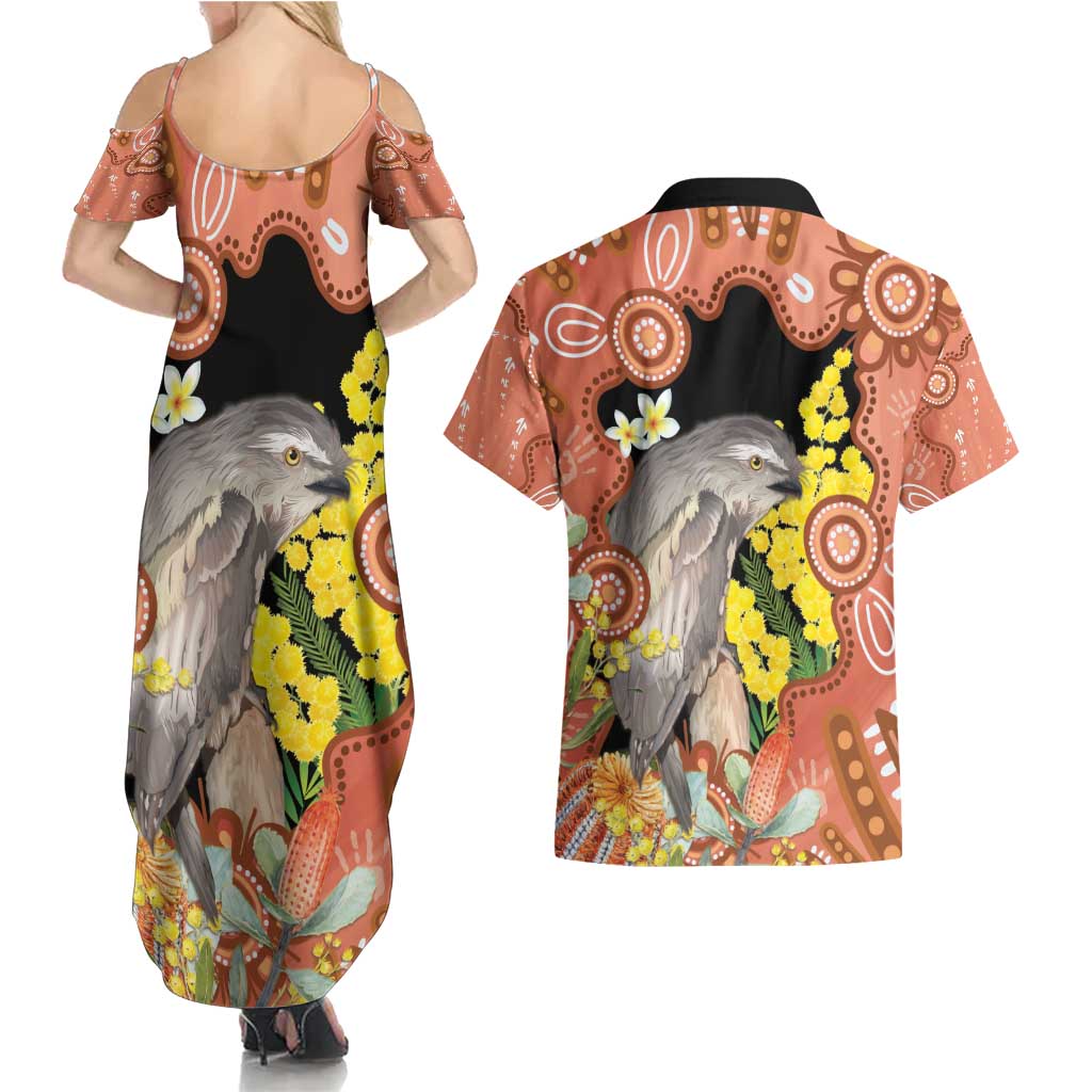 Australia Tawny Frogmouth Couples Matching Summer Maxi Dress and Hawaiian Shirt Golden Wattle Banksia Aboriginal Art - Aussie Hoodie