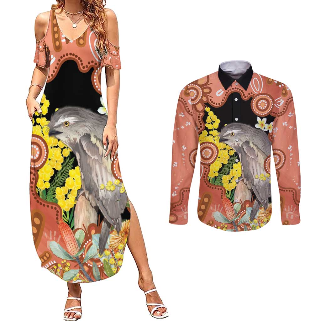 Australia Tawny Frogmouth Couples Matching Summer Maxi Dress and Long Sleeve Button Shirt Golden Wattle Banksia Aboriginal Art - Aussie Hoodie