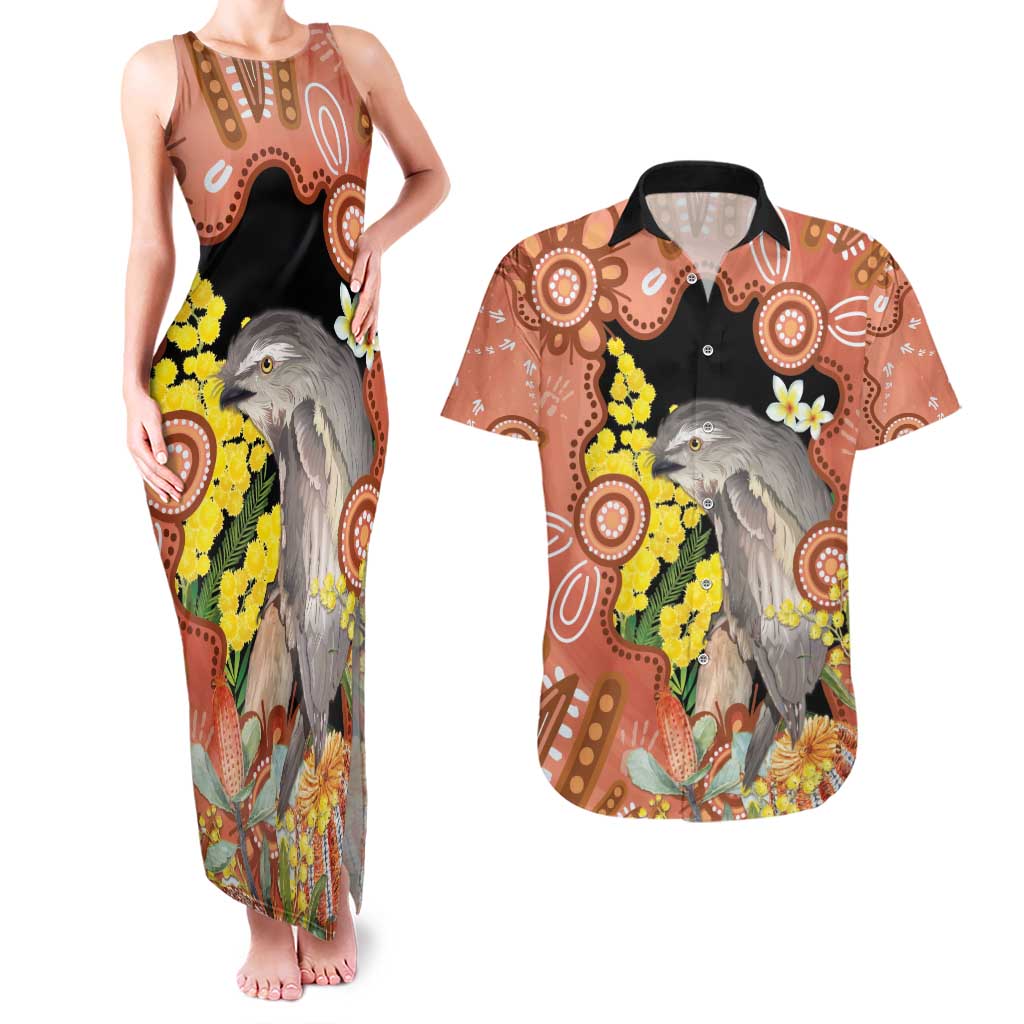 Australia Tawny Frogmouth Couples Matching Tank Maxi Dress and Hawaiian Shirt Golden Wattle Banksia Aboriginal Art - Aussie Hoodie