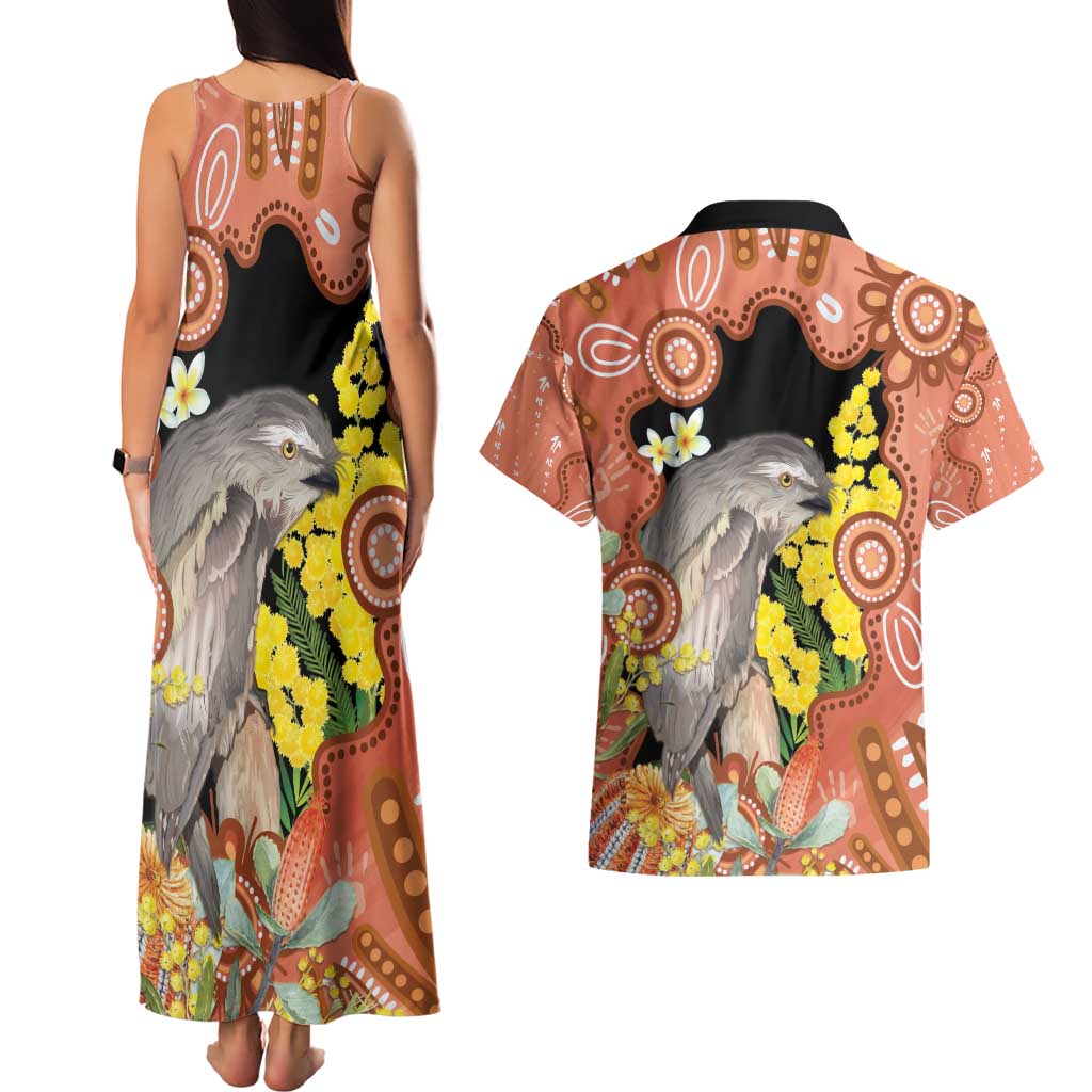 Australia Tawny Frogmouth Couples Matching Tank Maxi Dress and Hawaiian Shirt Golden Wattle Banksia Aboriginal Art - Aussie Hoodie