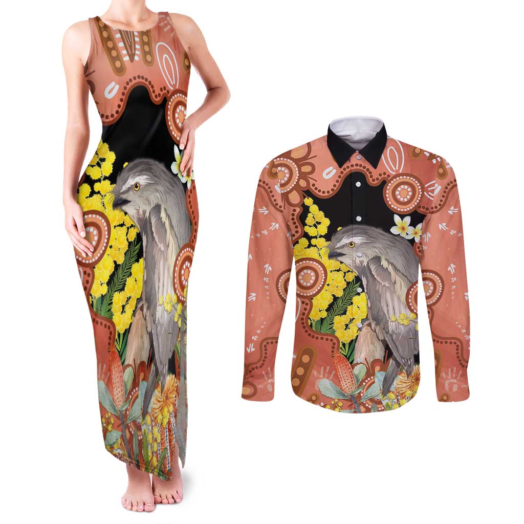Australia Tawny Frogmouth Couples Matching Tank Maxi Dress and Long Sleeve Button Shirt Golden Wattle Banksia Aboriginal Art - Aussie Hoodie