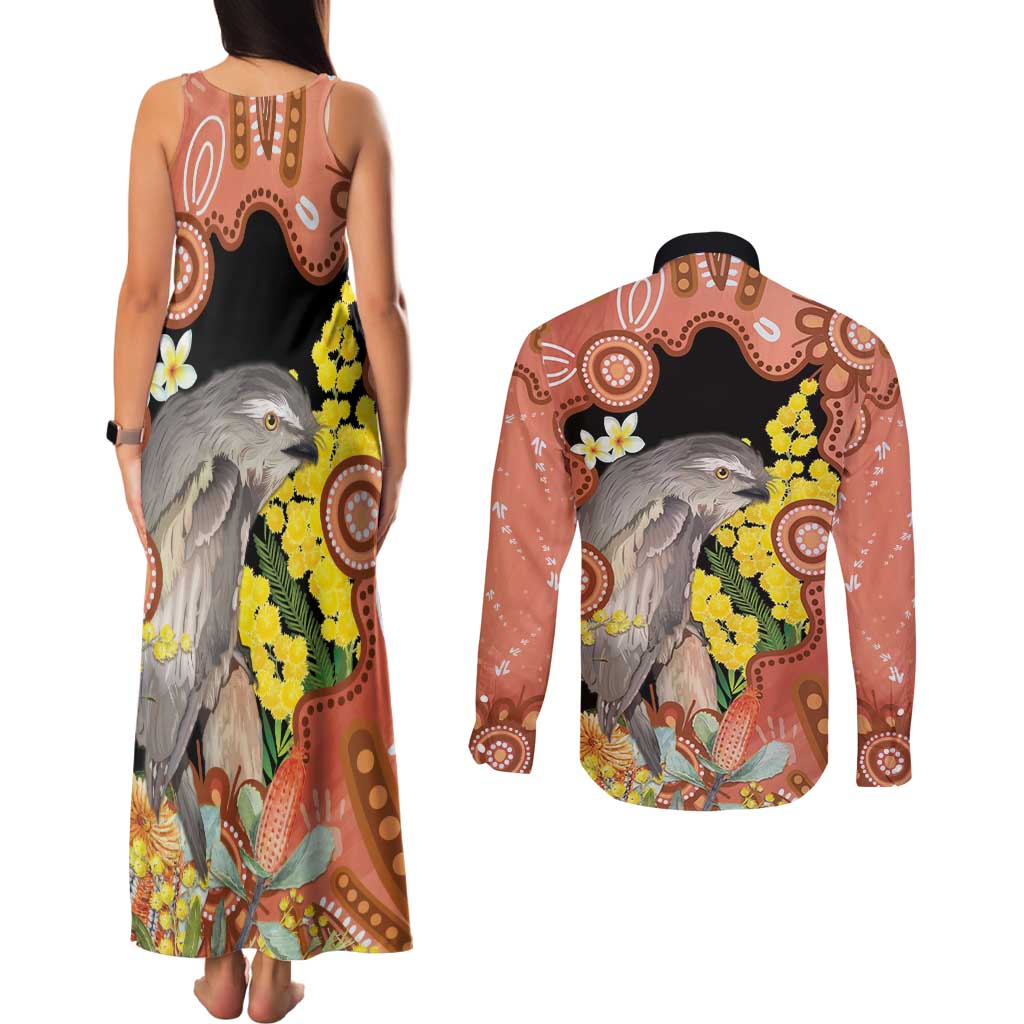 Australia Tawny Frogmouth Couples Matching Tank Maxi Dress and Long Sleeve Button Shirt Golden Wattle Banksia Aboriginal Art - Aussie Hoodie