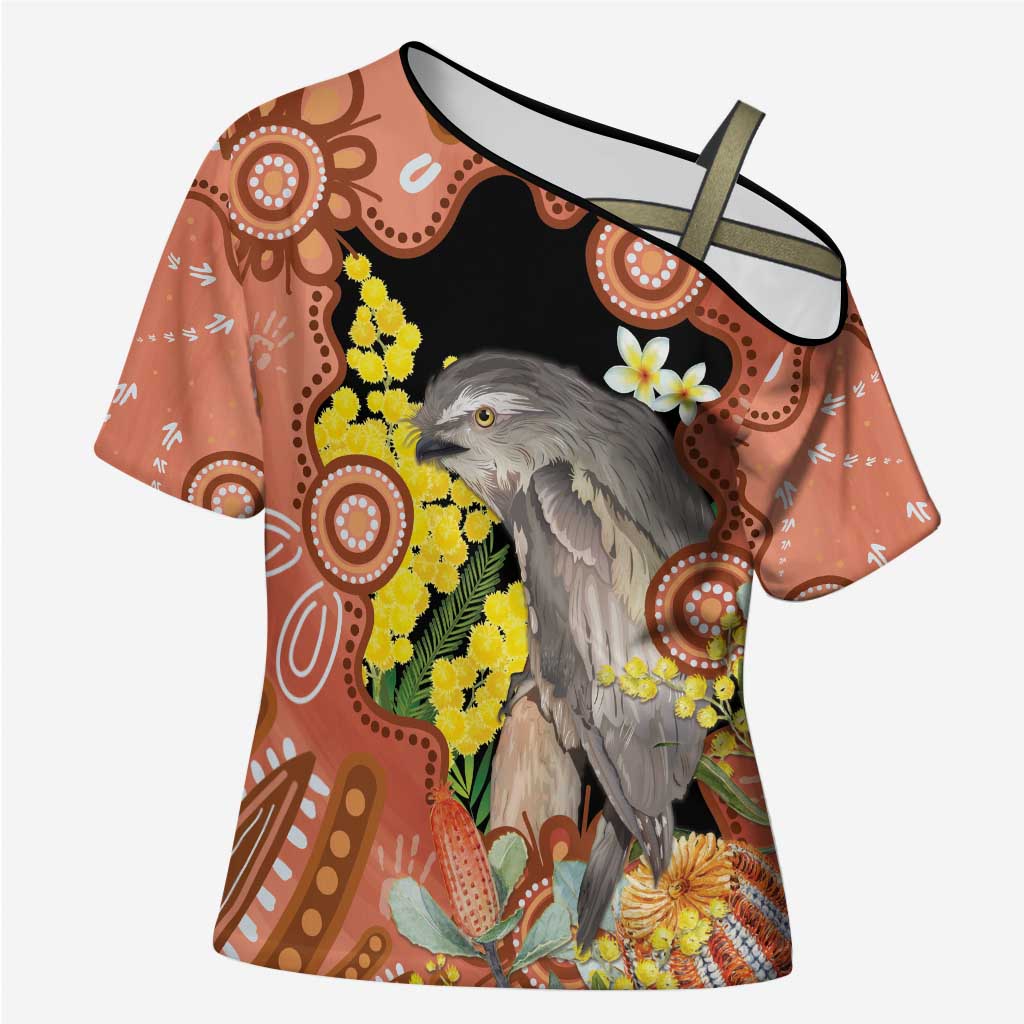 Australia Tawny Frogmouth Cross Shoulder Shirt Golden Wattle Banksia Aboriginal Art - Aussie Hoodie