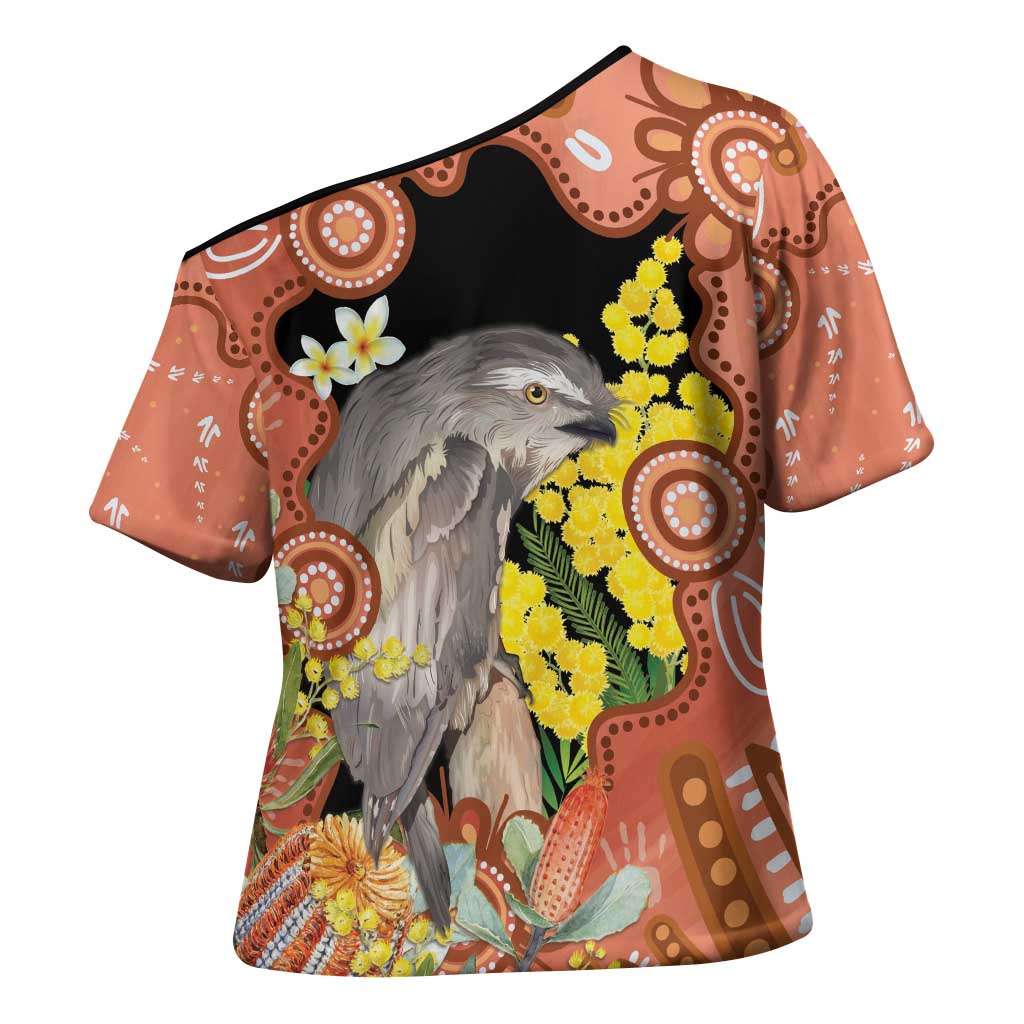 Australia Tawny Frogmouth Cross Shoulder Shirt Golden Wattle Banksia Aboriginal Art - Aussie Hoodie