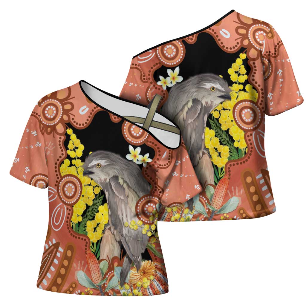 Australia Tawny Frogmouth Cross Shoulder Shirt Golden Wattle Banksia Aboriginal Art - Aussie Hoodie