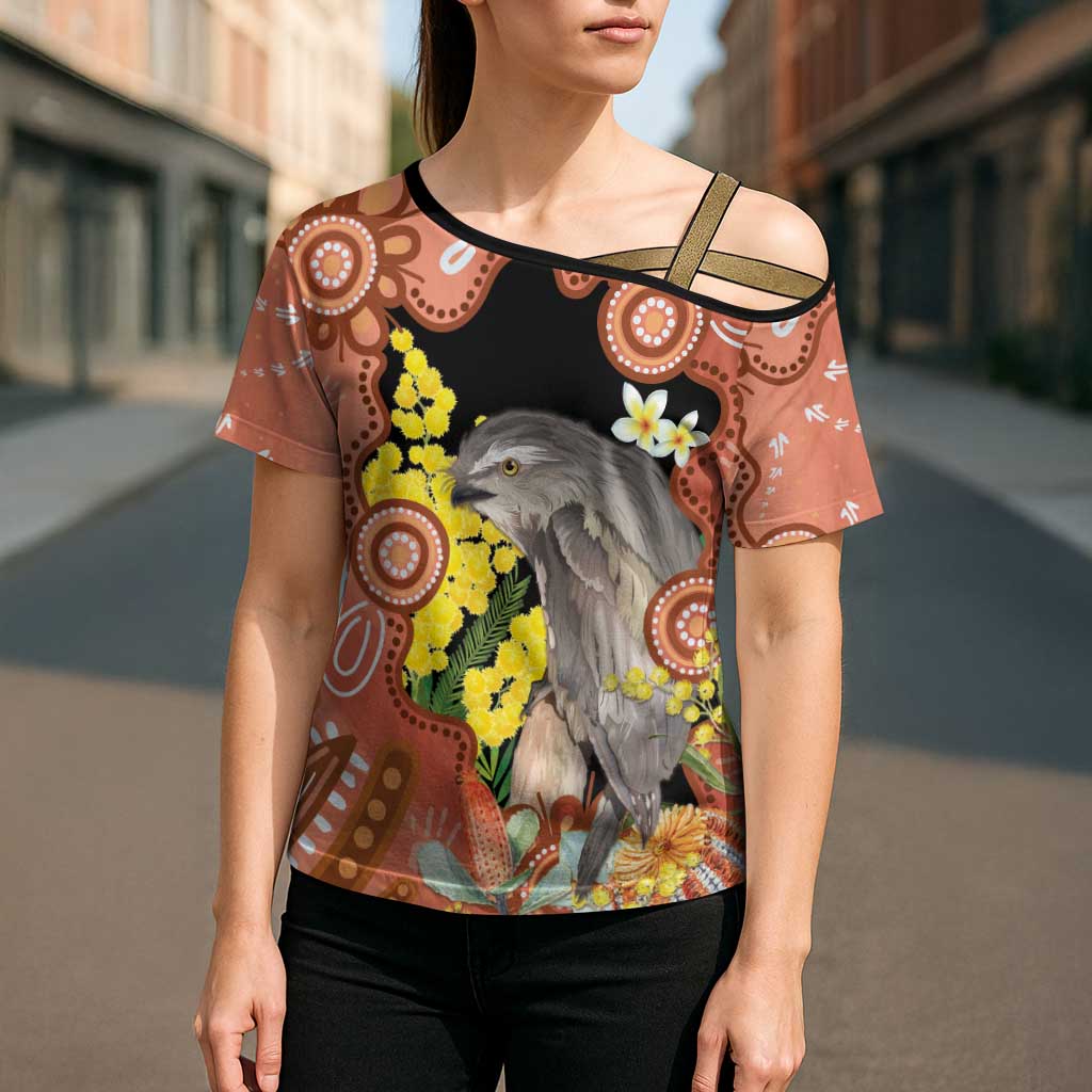 Australia Tawny Frogmouth Cross Shoulder Shirt Golden Wattle Banksia Aboriginal Art - Aussie Hoodie