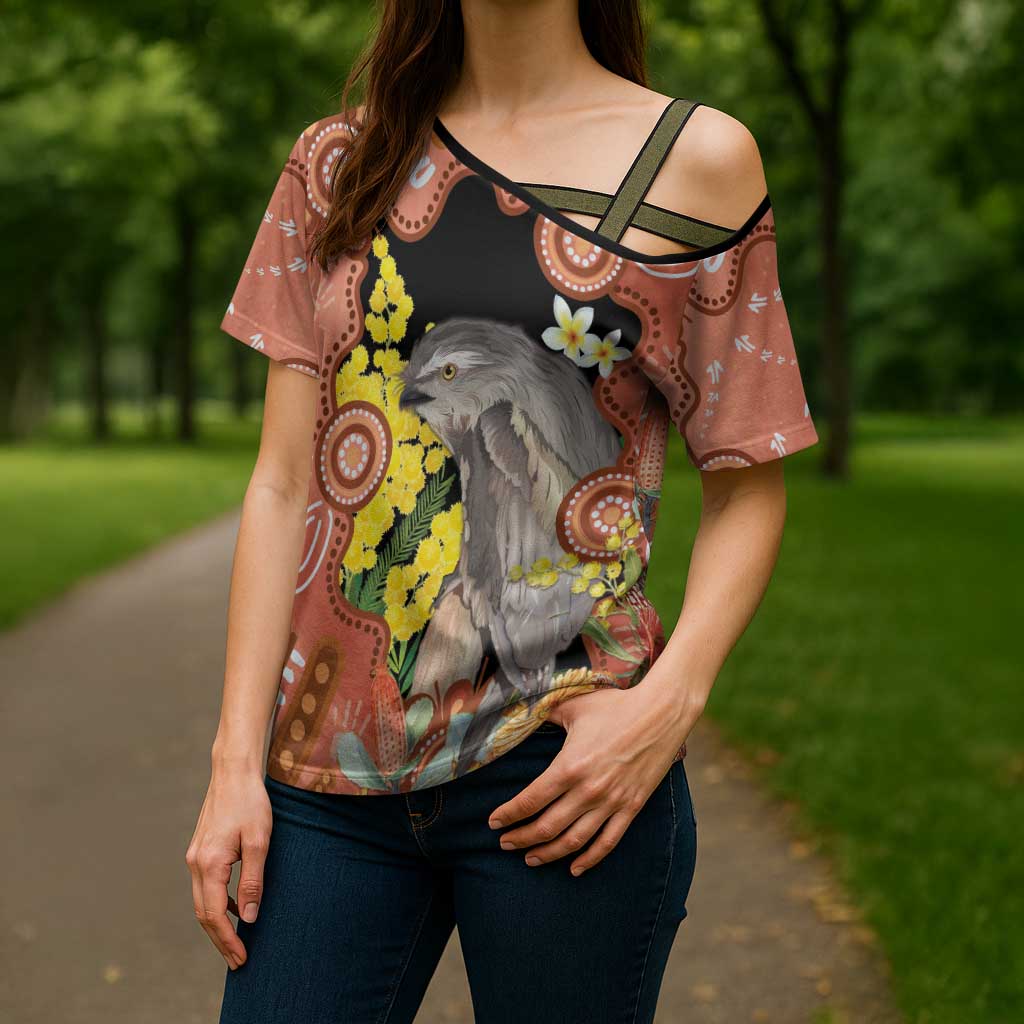 Australia Tawny Frogmouth Cross Shoulder Shirt Golden Wattle Banksia Aboriginal Art - Aussie Hoodie