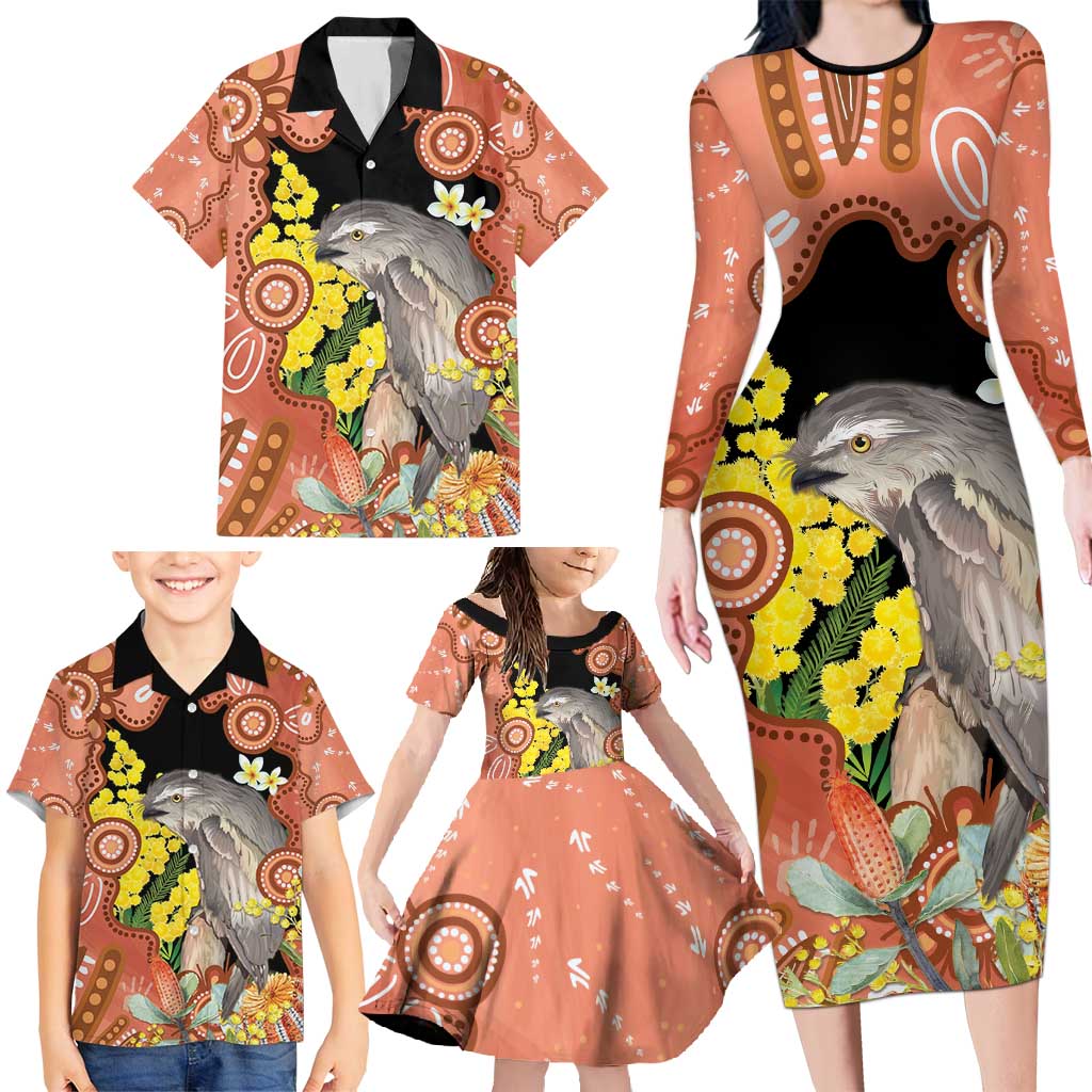 Australia Tawny Frogmouth Family Matching Long Sleeve Bodycon Dress and Hawaiian Shirt Golden Wattle Banksia Aboriginal Art - Aussie Hoodie