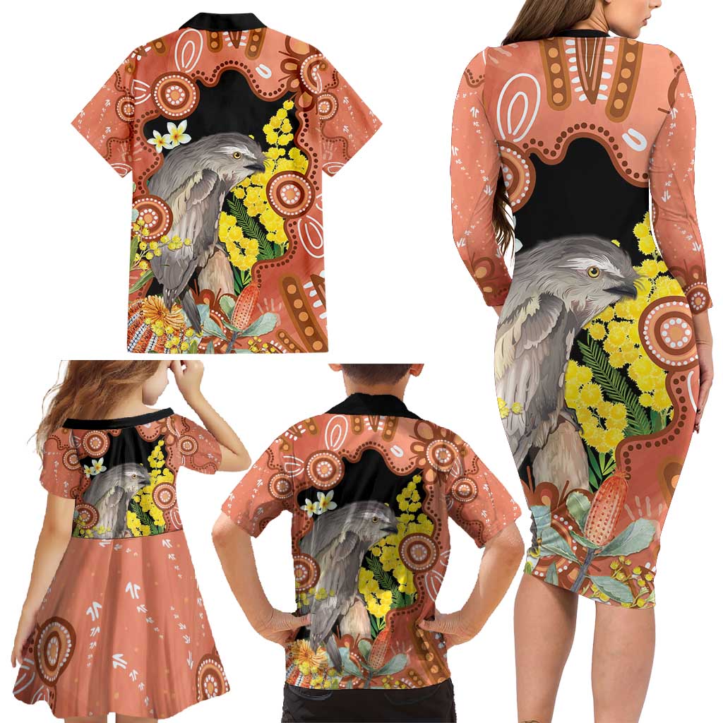 Australia Tawny Frogmouth Family Matching Long Sleeve Bodycon Dress and Hawaiian Shirt Golden Wattle Banksia Aboriginal Art - Aussie Hoodie