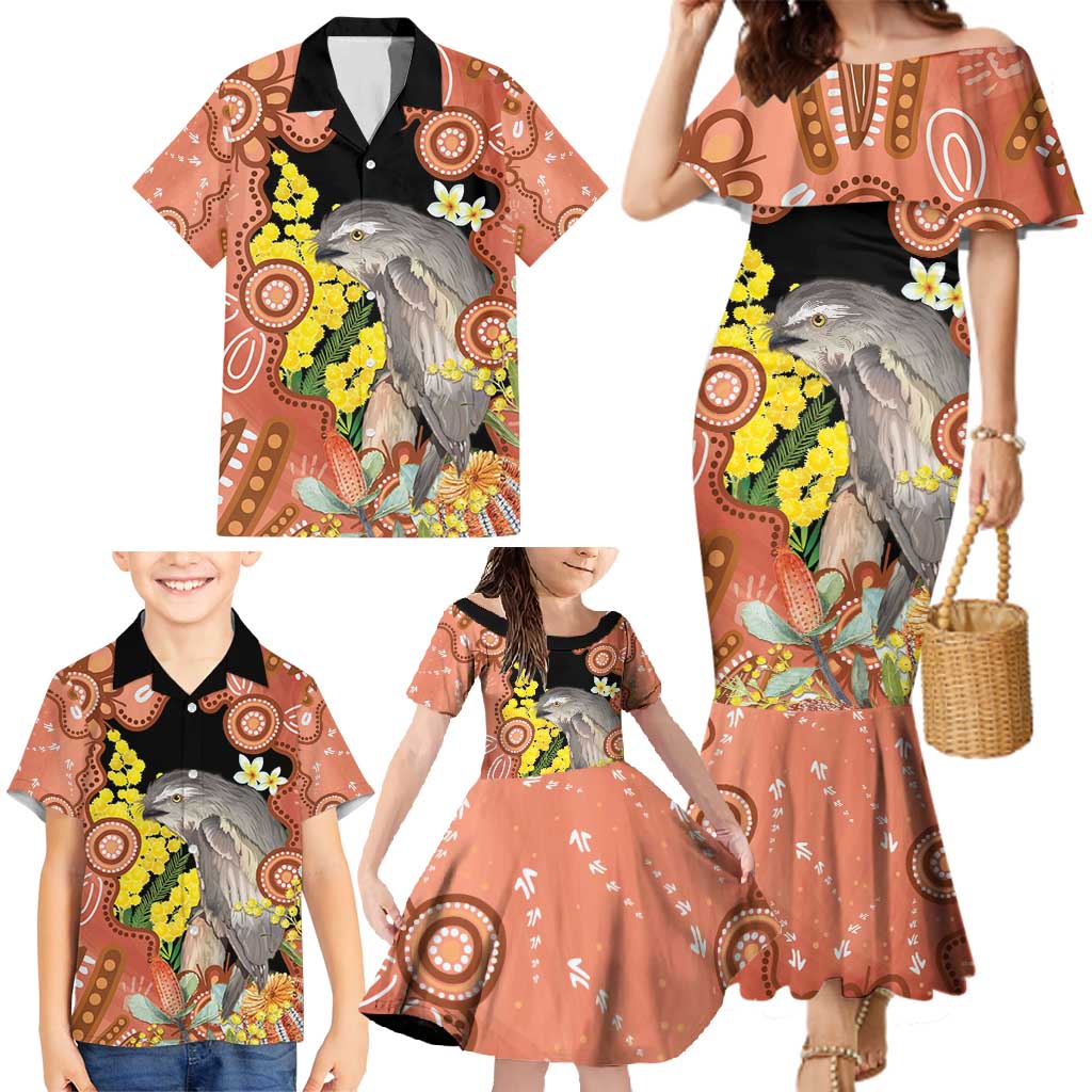 Australia Tawny Frogmouth Family Matching Mermaid Dress and Hawaiian Shirt Golden Wattle Banksia Aboriginal Art - Aussie Hoodie