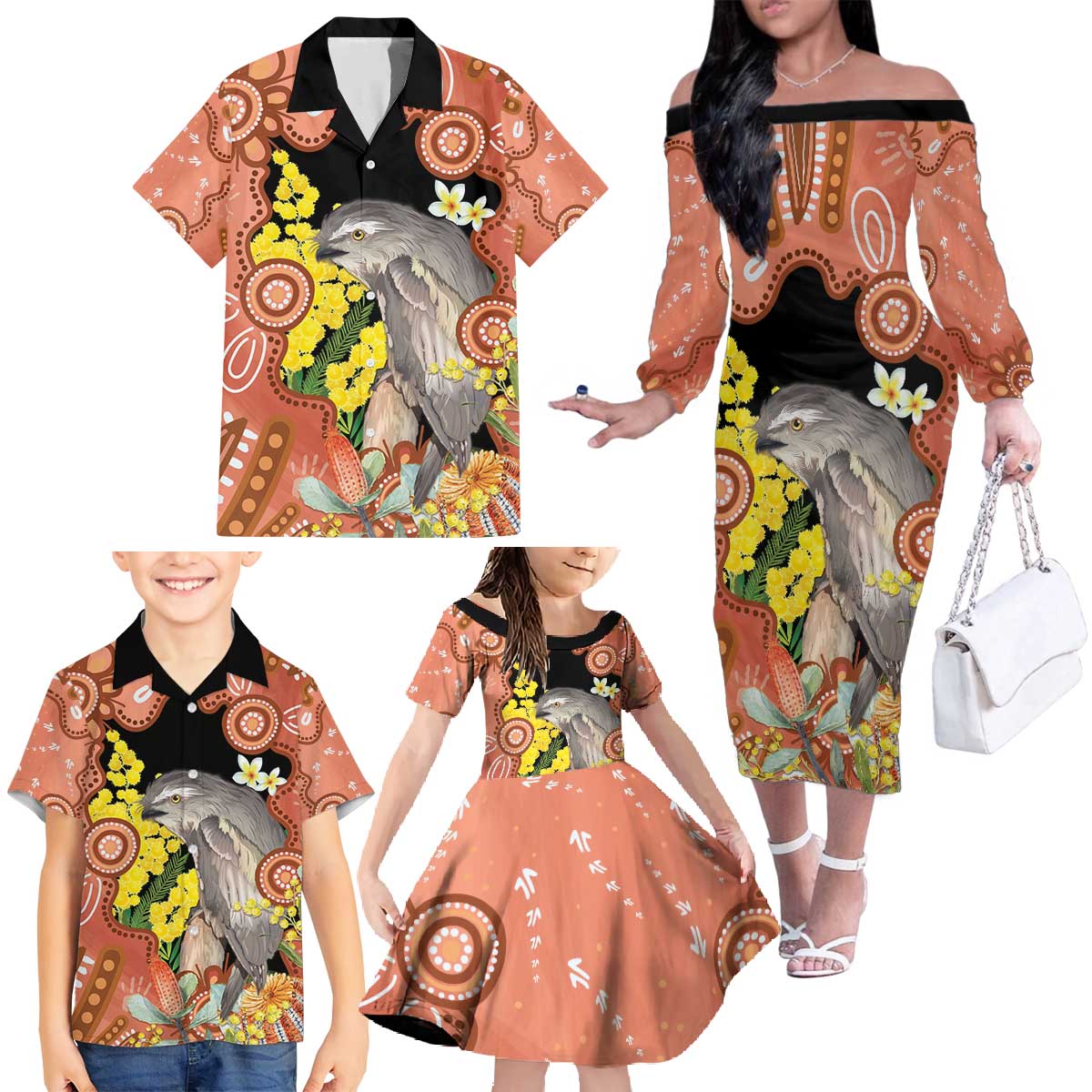 Australia Tawny Frogmouth Family Matching Off The Shoulder Long Sleeve Dress and Hawaiian Shirt Golden Wattle Banksia Aboriginal Art - Aussie Hoodie