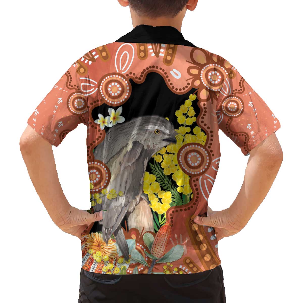 Australia Tawny Frogmouth Family Matching Off The Shoulder Long Sleeve Dress and Hawaiian Shirt Golden Wattle Banksia Aboriginal Art - Aussie Hoodie