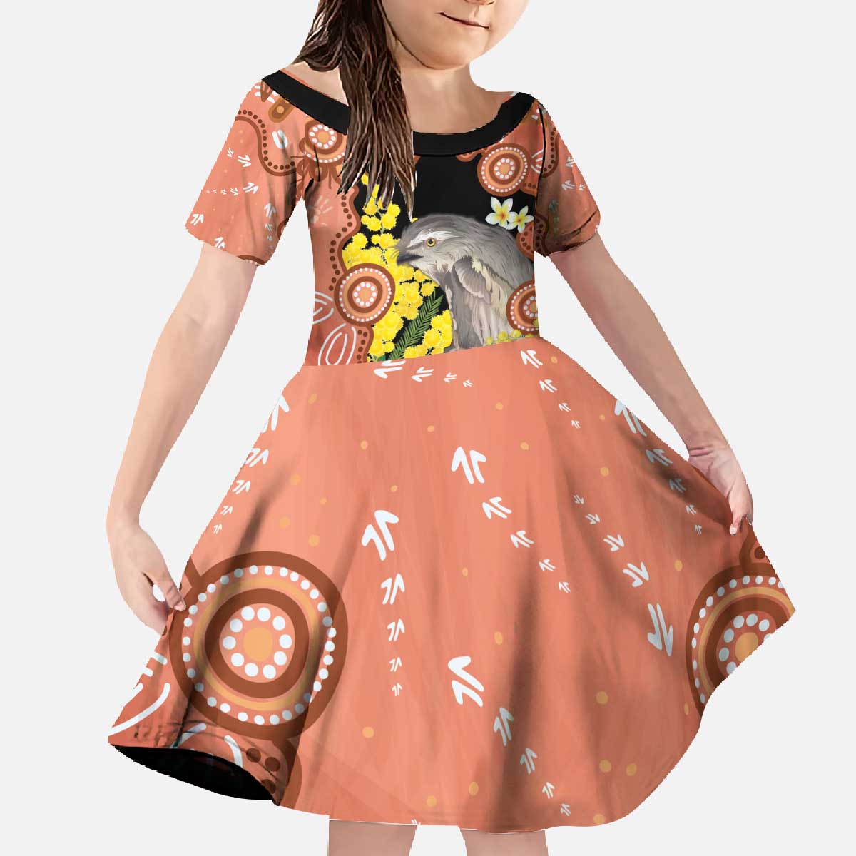 Australia Tawny Frogmouth Family Matching Off The Shoulder Long Sleeve Dress and Hawaiian Shirt Golden Wattle Banksia Aboriginal Art - Aussie Hoodie