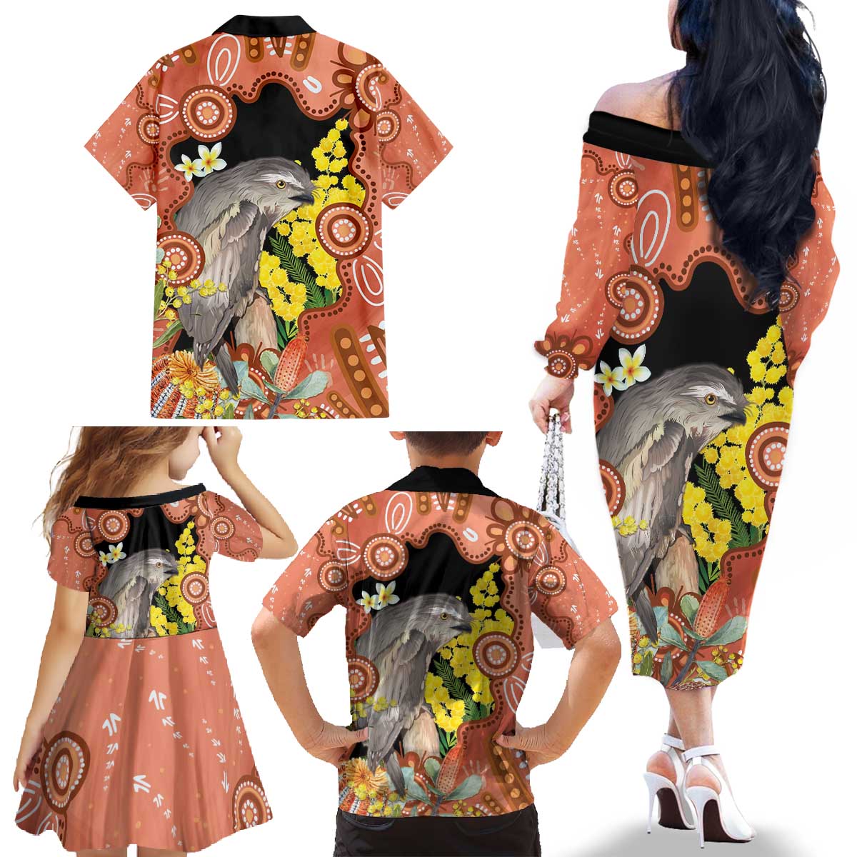 Australia Tawny Frogmouth Family Matching Off The Shoulder Long Sleeve Dress and Hawaiian Shirt Golden Wattle Banksia Aboriginal Art - Aussie Hoodie