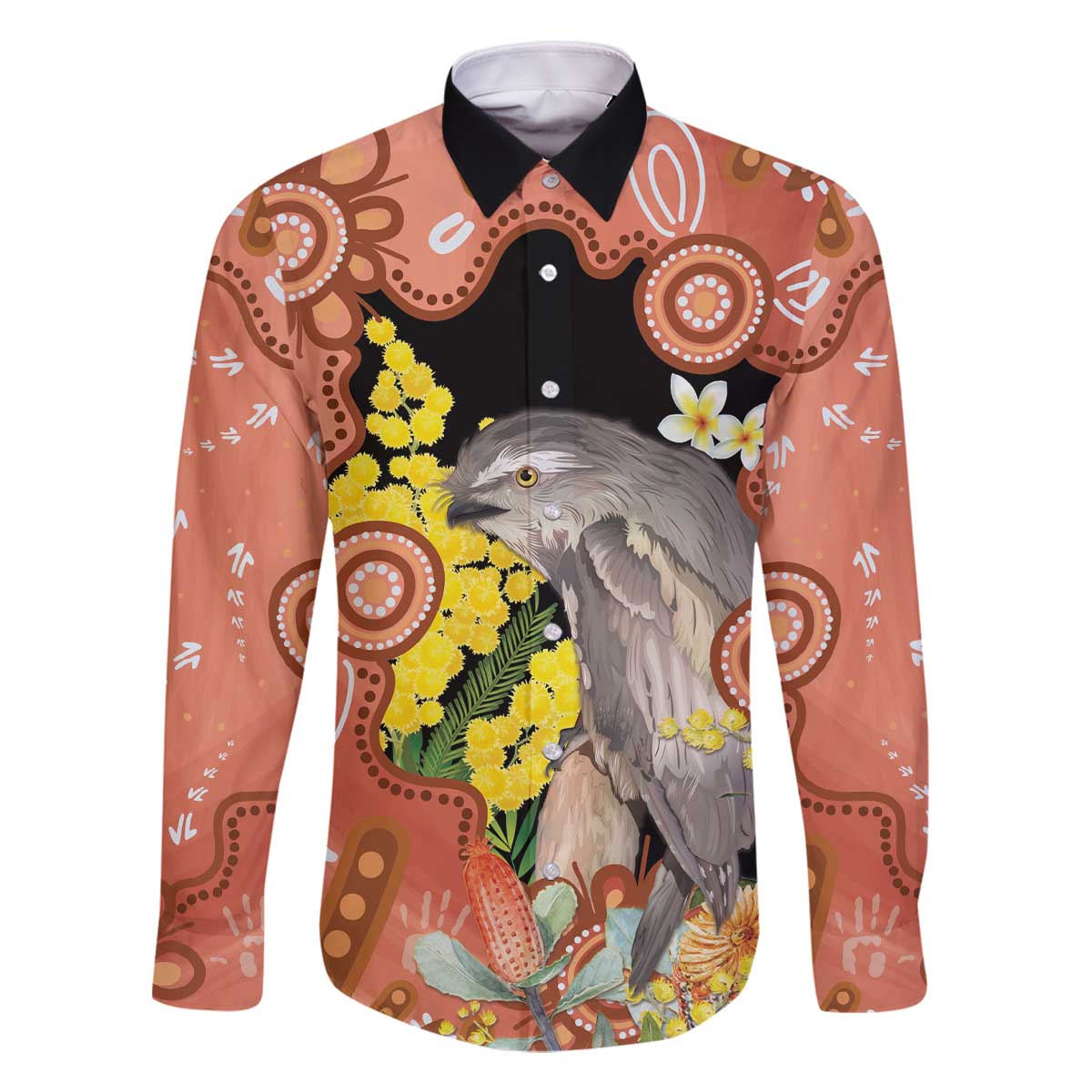 Australia Tawny Frogmouth Family Matching Off The Shoulder Long Sleeve Dress and Hawaiian Shirt Golden Wattle Banksia Aboriginal Art - Aussie Hoodie