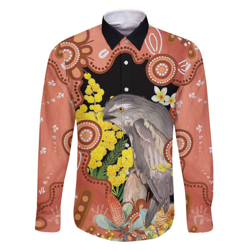 Australia Tawny Frogmouth Family Matching Off The Shoulder Long Sleeve Dress and Hawaiian Shirt Golden Wattle Banksia Aboriginal Art - Aussie Hoodie