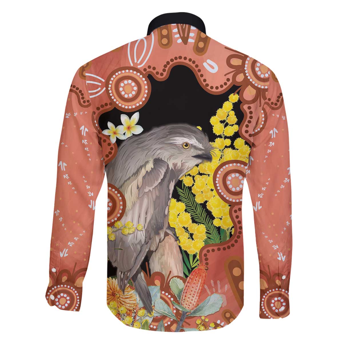 Australia Tawny Frogmouth Family Matching Off The Shoulder Long Sleeve Dress and Hawaiian Shirt Golden Wattle Banksia Aboriginal Art - Aussie Hoodie